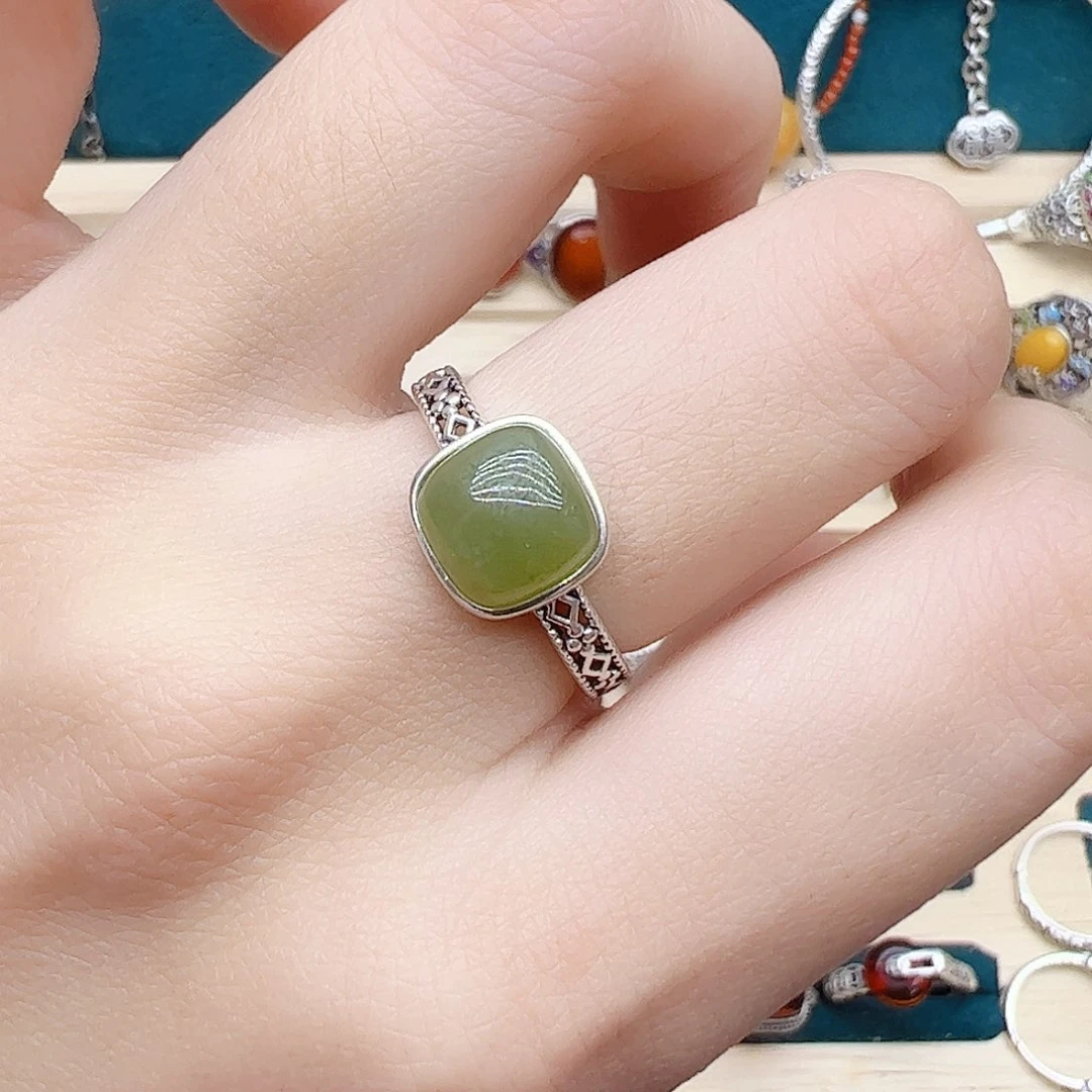 和田玉戒指银S925镶嵌