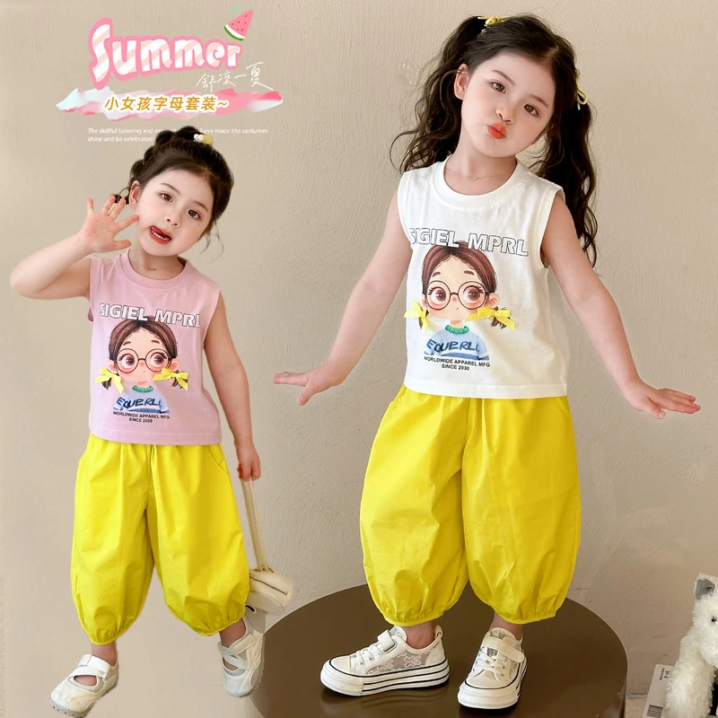 女童无袖套装洋气儿童夏季2025新款女宝宝防蚊裤两件套小女孩时髦
