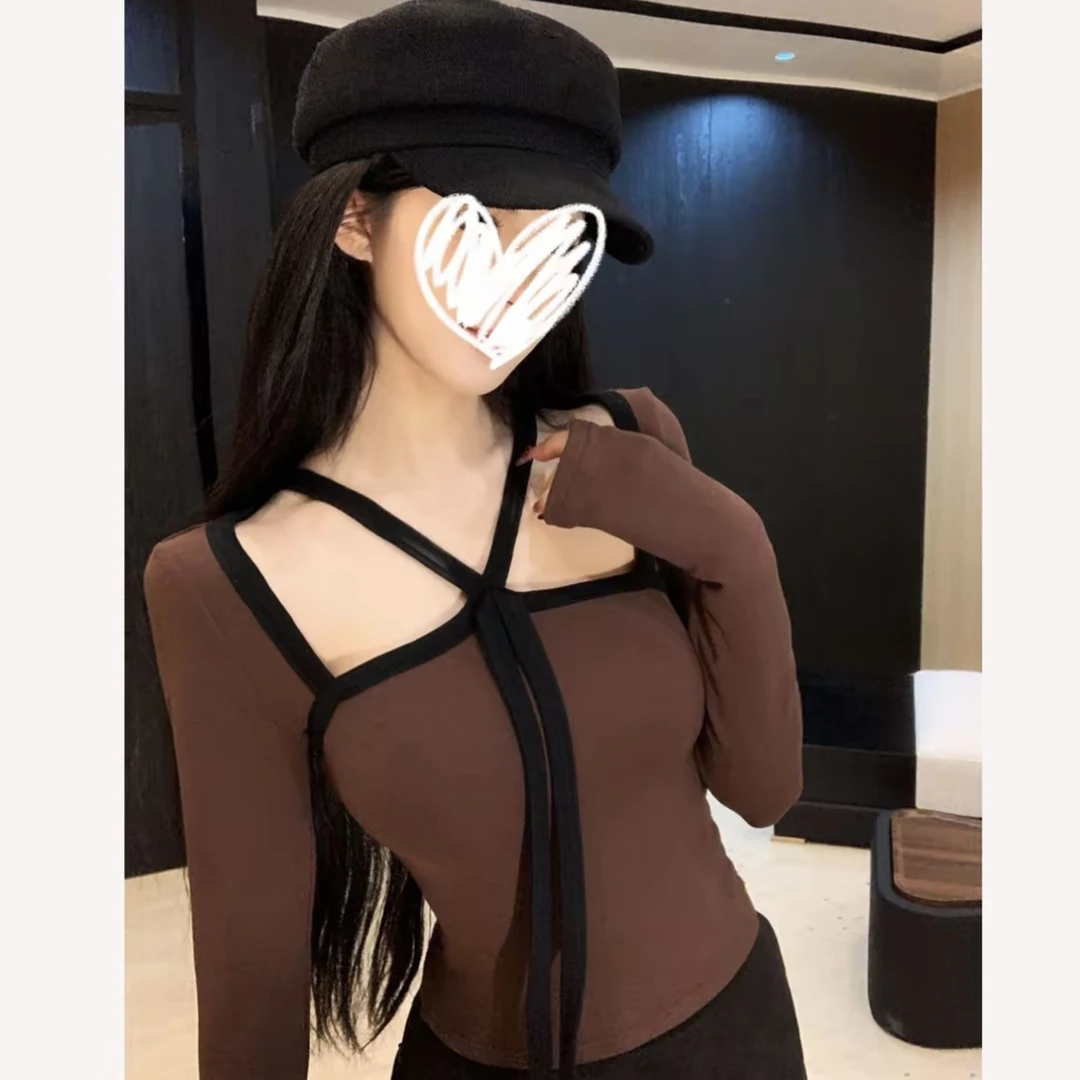 御姐轻熟撞色拼接绑带小上衣内搭女装秋冬洋气别致显瘦打底衫T恤