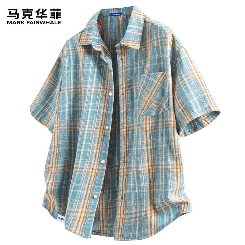 马克华菲夏季薄款美式格子短袖衬衫男潮牌高级感痞帅休闲衬衣外套