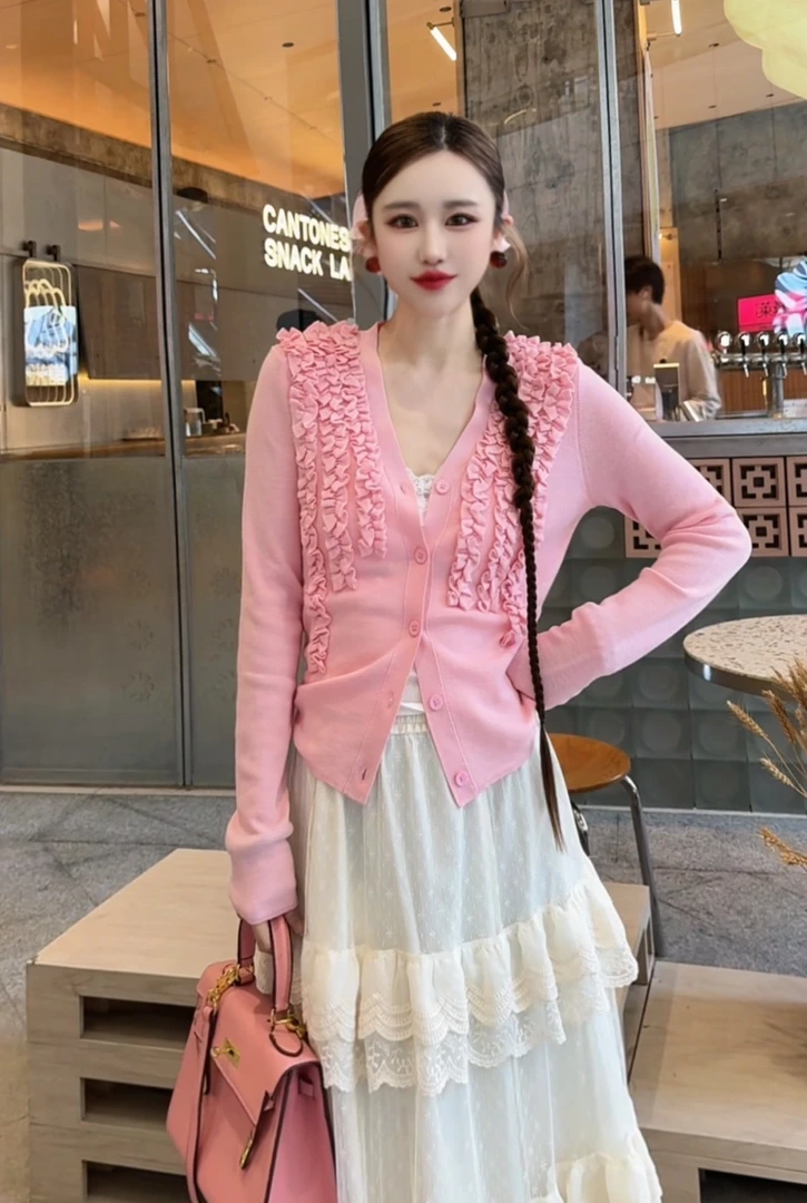 z4535 CC推荐 V领木耳花边针织开衫外套