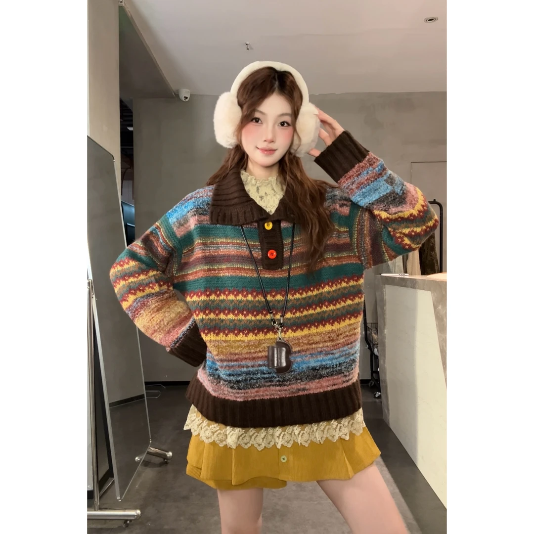 毛衣【彩虹豆】秋冬季慵懒风加厚复古花朵条纹针织毛衣50250