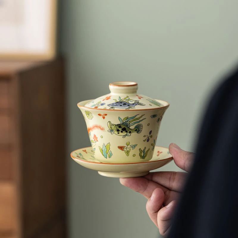 黄汝悬停盖碗陶瓷茶具三才旋转功夫泡茶盖碗中式高档家用茶碗0207