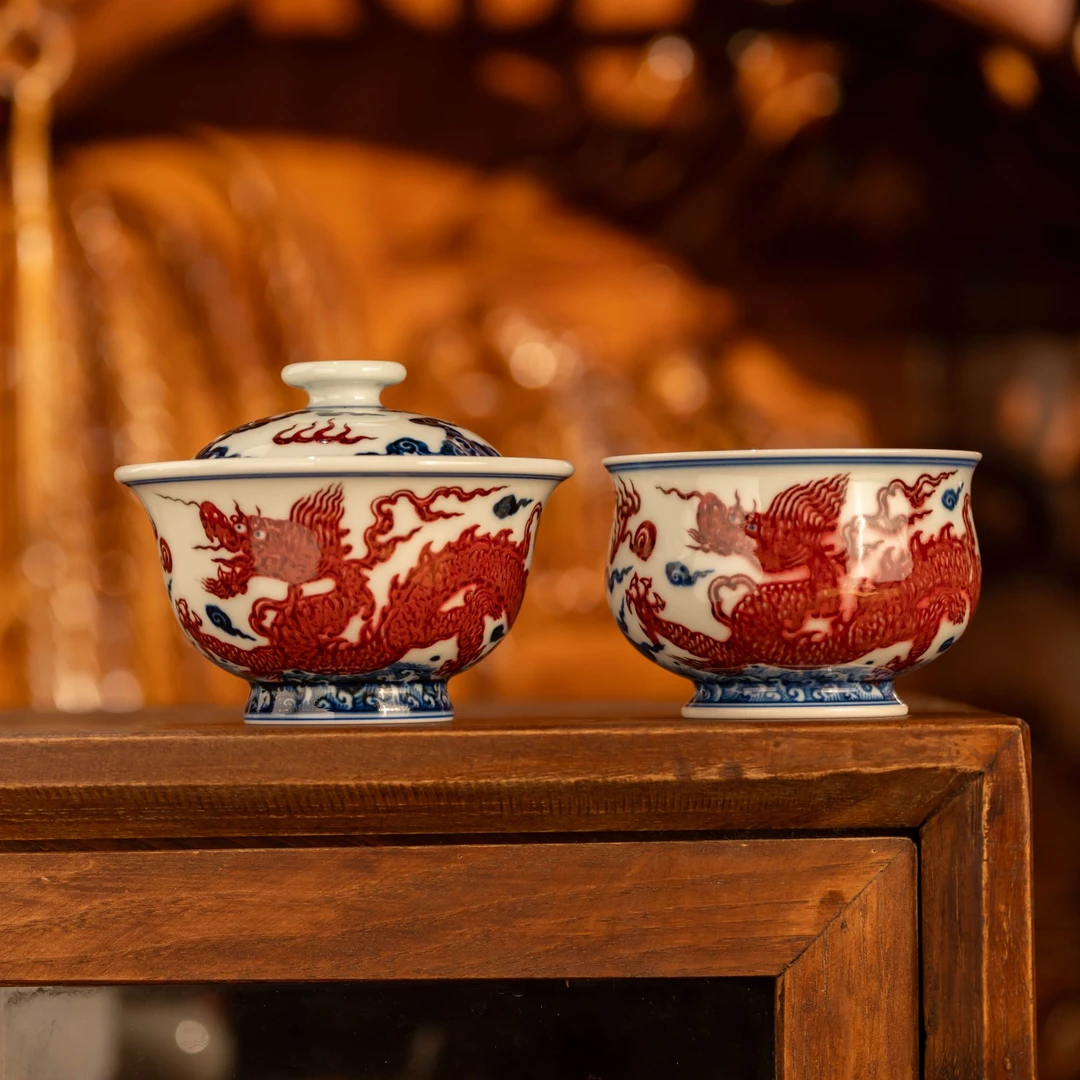 【永明尚玩】明红龙压手盖碗套组纯手工景德镇茶器主人杯泡茶