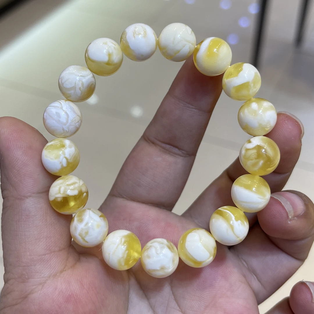 11mm俄料金瓷白蜜蜡妖花手串女款白色轻奢时尚潮流黄色老型单圈