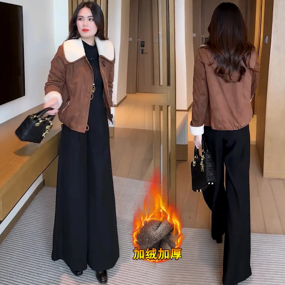 加绒加厚皮绒短外套女2025冬季新款时尚百搭显瘦娃娃领保暖夹克