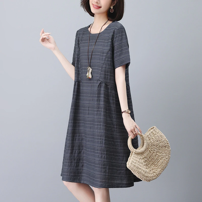 韩版宽松短袖休闲条纹连衣裙女夏季2025新款中年妈妈显瘦减龄裙子