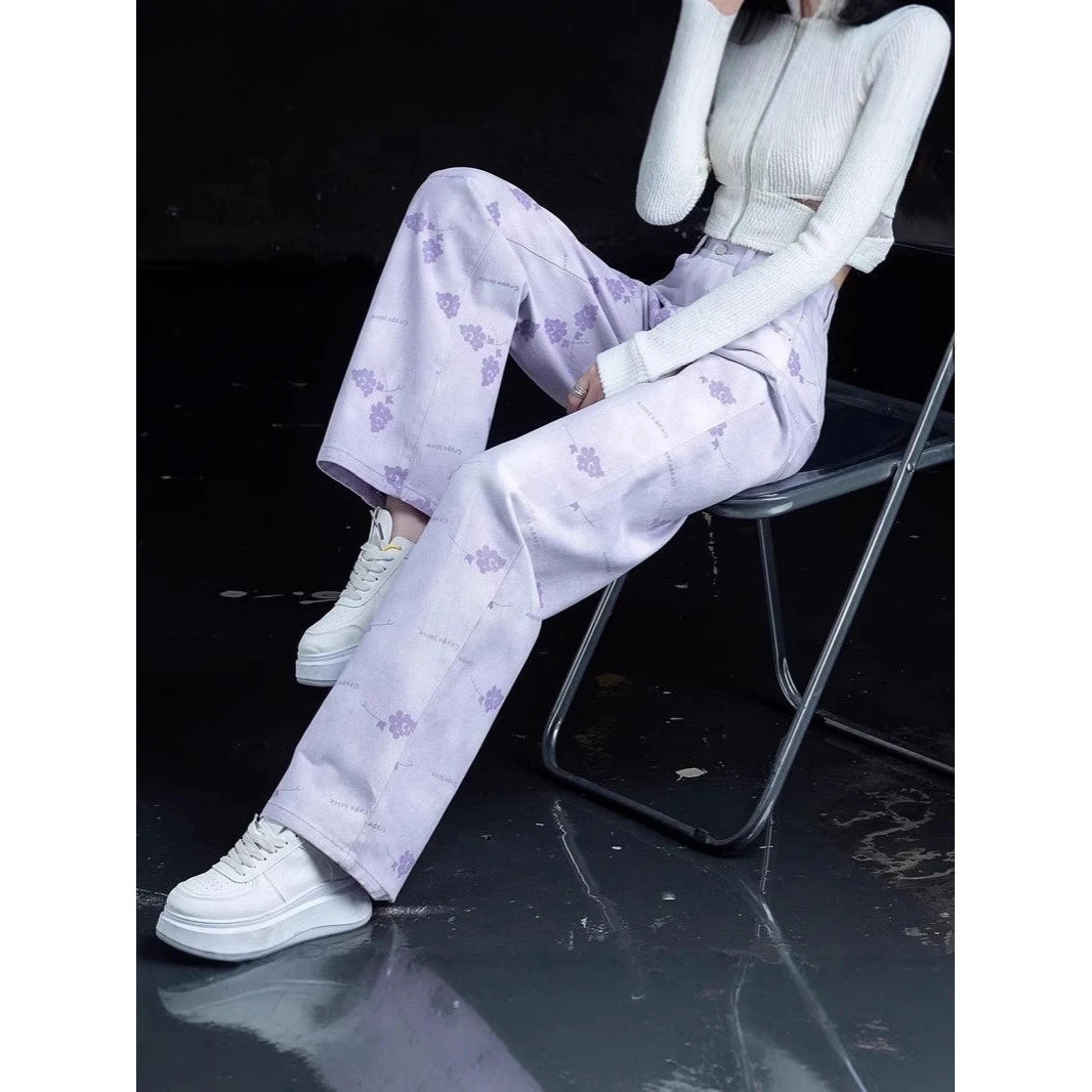 紫色印花阔腿牛仔裤女2025年新款春秋高腰裤子直筒裤女裤宽松长裤