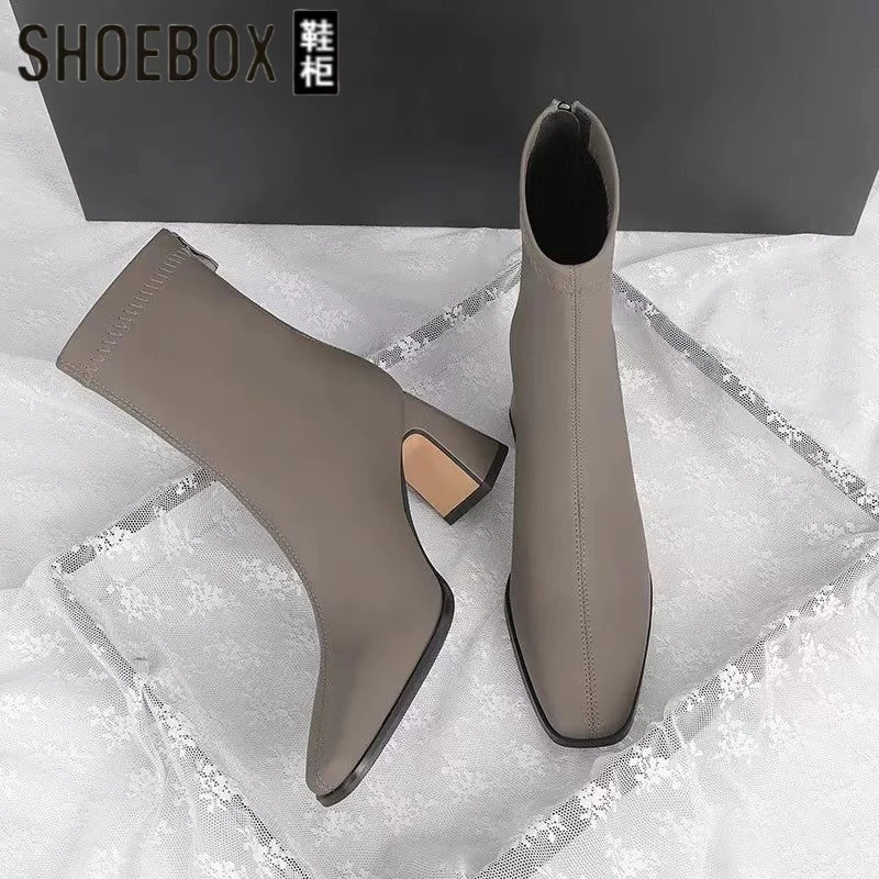 鞋柜秋冬女鞋高跟女靴方头英伦短靴阔腿裤专用鞋子百搭款粗跟