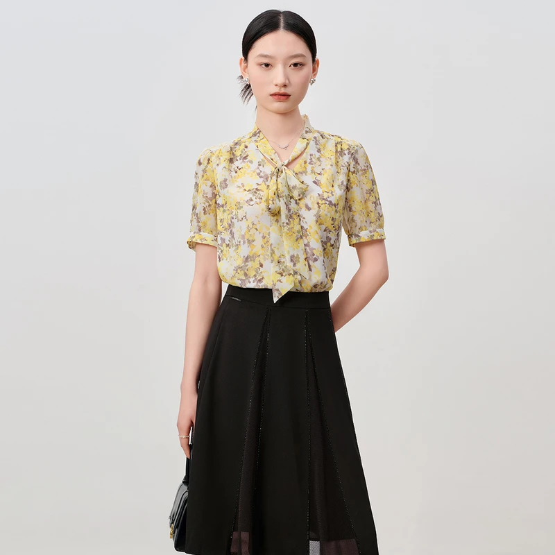 dunnu敦奴显瘦雪纺印花衬衫上衣女8T230946