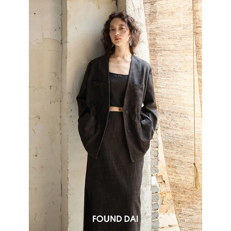 色织82亚麻18羊毛|大女主廓形西装 直筒半身裙