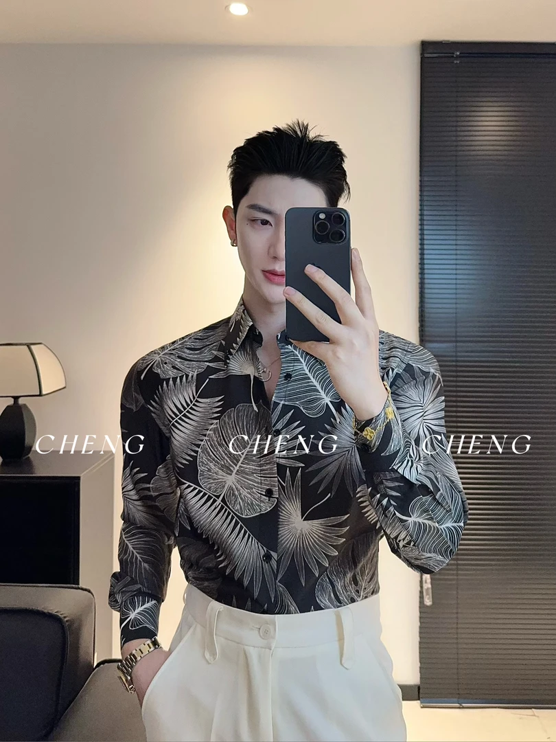 「程程的试衣间」新款英伦风雅痞长袖花衬衫感级感免烫帝国领衬衣男