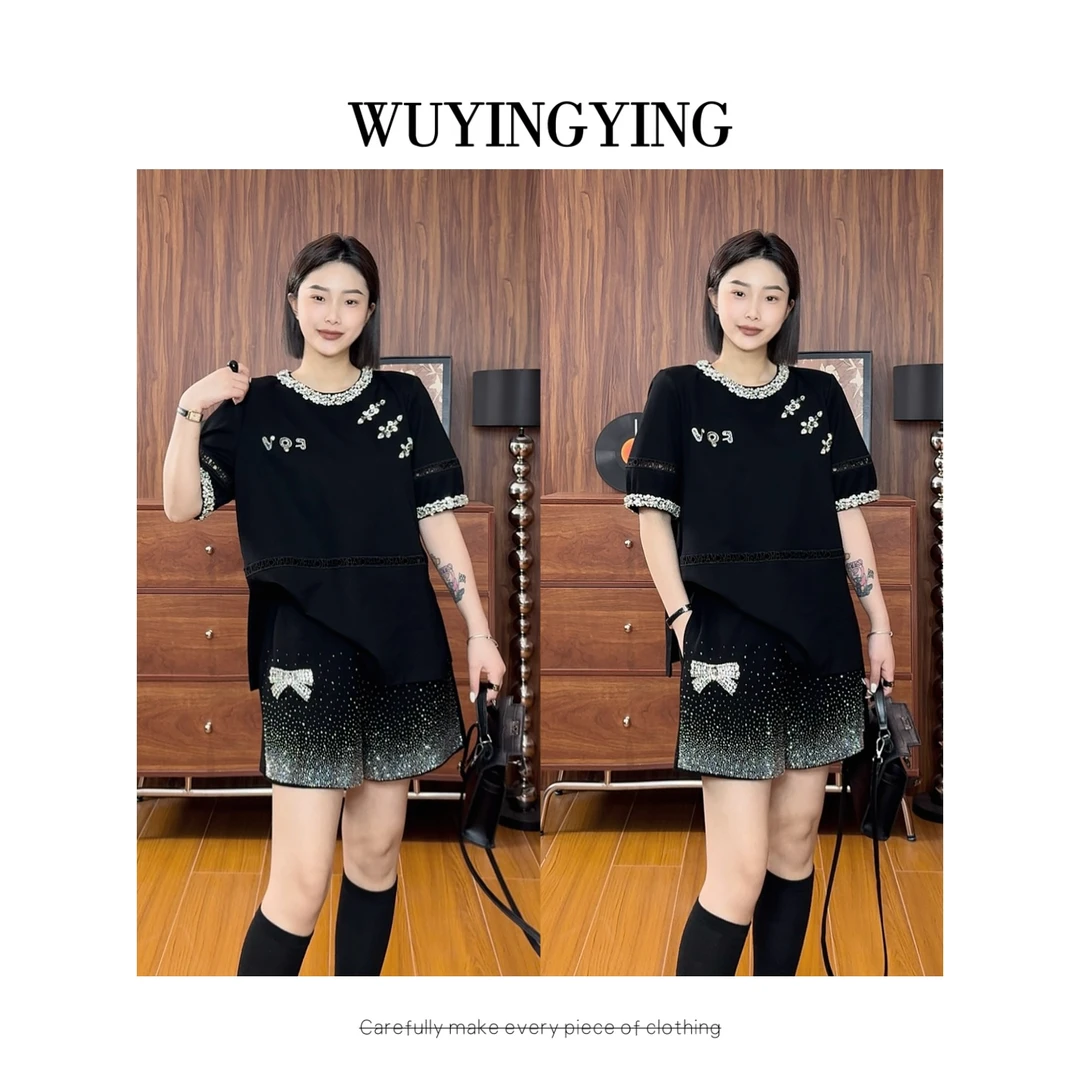 WUYINGYING【点缀巴黎】欧货高品亮钻拼接设计时尚T恤+短裤套装