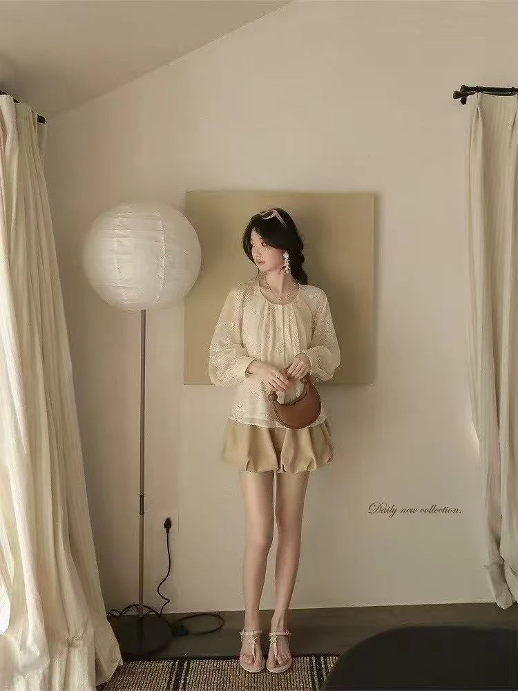 【肉总】法式优雅亮片圆领刺绣松弛感套装00306