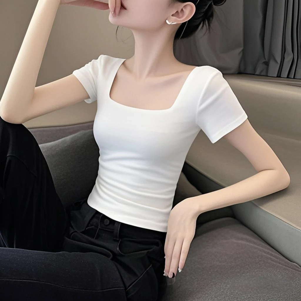2025新款夏季白色正肩方领短袖T恤女气质显瘦设计感小众修身上衣