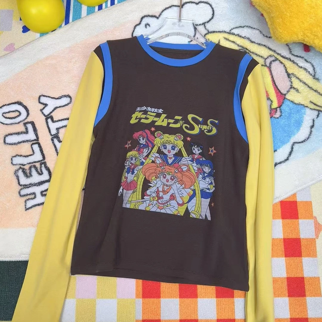 《晓辰推荐》假两件修身型轻熟风T恤长袖美少女轻职风字母潮流