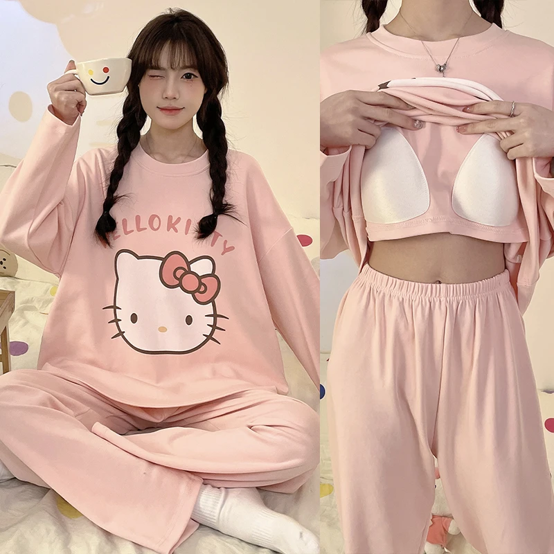 带胸垫长袖睡衣女春秋季甜美卡通韩版ins风网红家居服套装可外穿
