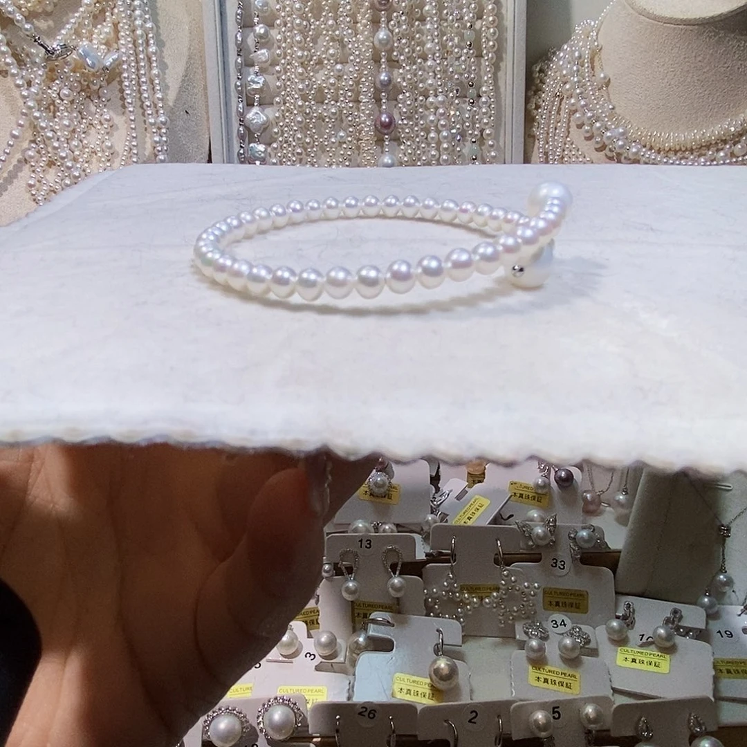 淡水珍珠银S925镶嵌耳饰极光炫彩手镯