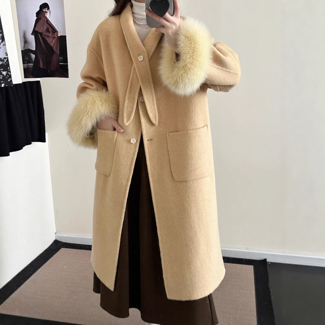 网红爆款秋冬新款气质双面羊毛大衣韩版少女宽松袖子毛毛毛呢外套