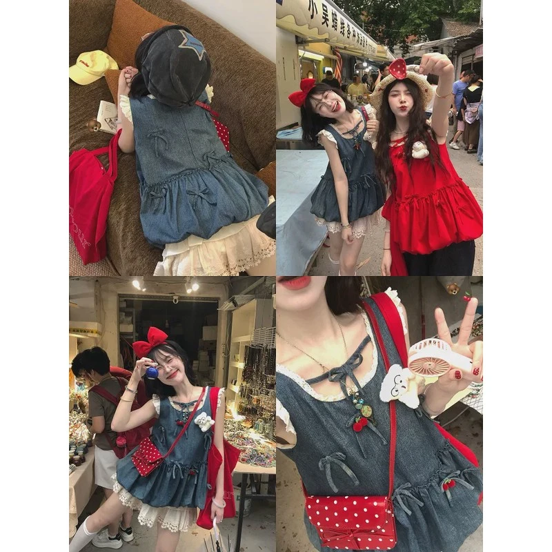 【ALITTLE 乱糟糟】“扮乖选手”樱桃蝴蝶结牛仔蓬蓬裙套装