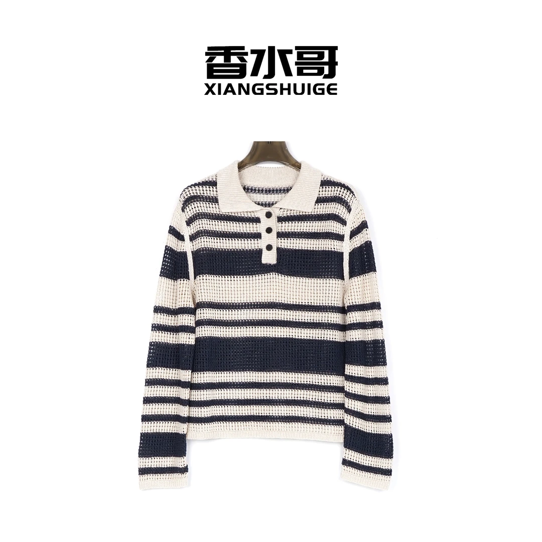 2025夏新品女休闲条纹百搭套头POLO领上衣翻领长袖中长款毛针织衫