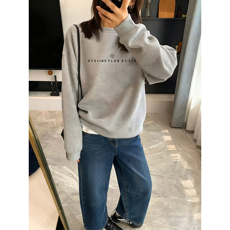 高级感灰色圆领卫衣女加绒加厚新款韩系百搭休闲宽松无帽套头上衣