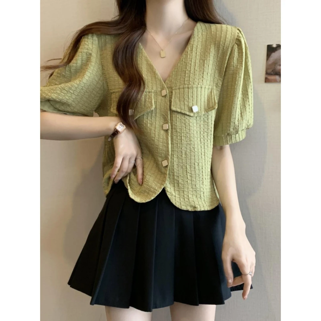 小香风v领短袖雪纺衬衫女2025新款夏季大码胖mm显瘦正肩短款上衣