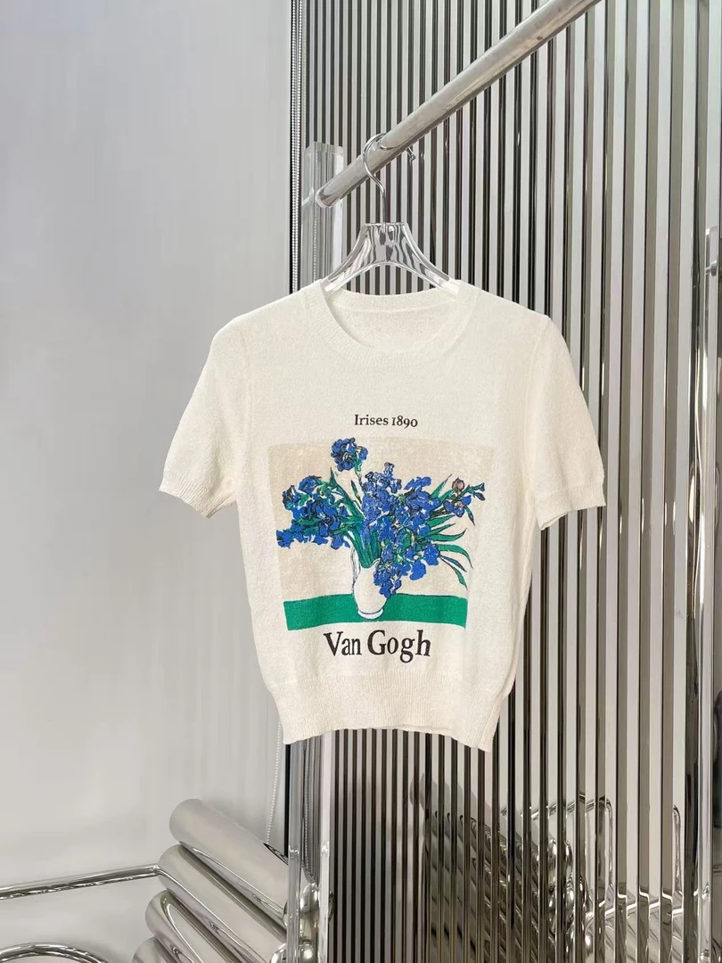 鸢尾花图案T恤 梵高字母印花针织圆领短袖T恤