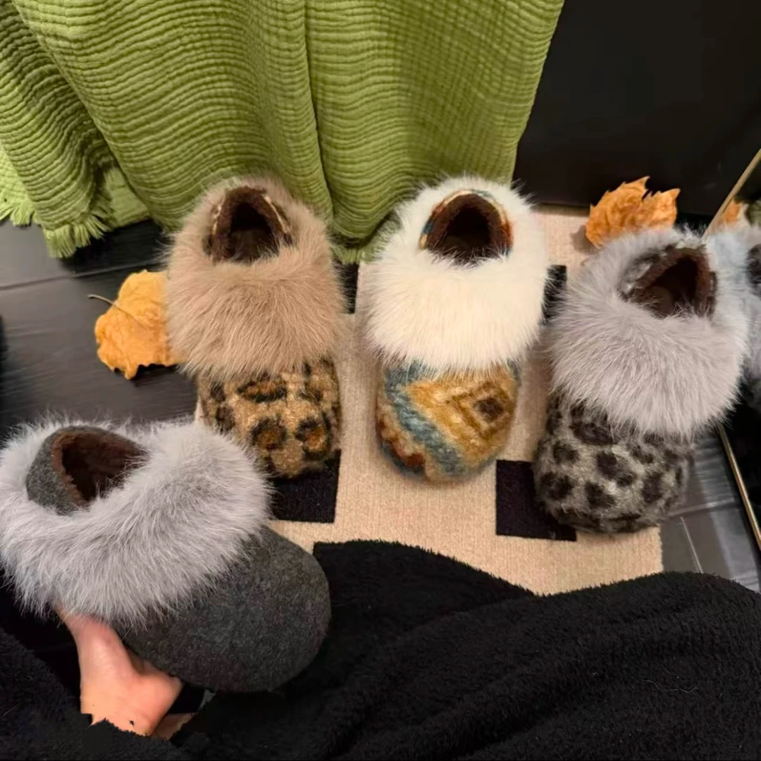 2025年冬季新款时尚百搭韩版拼色设计款一脚蹬两穿外穿包头毛毛鞋