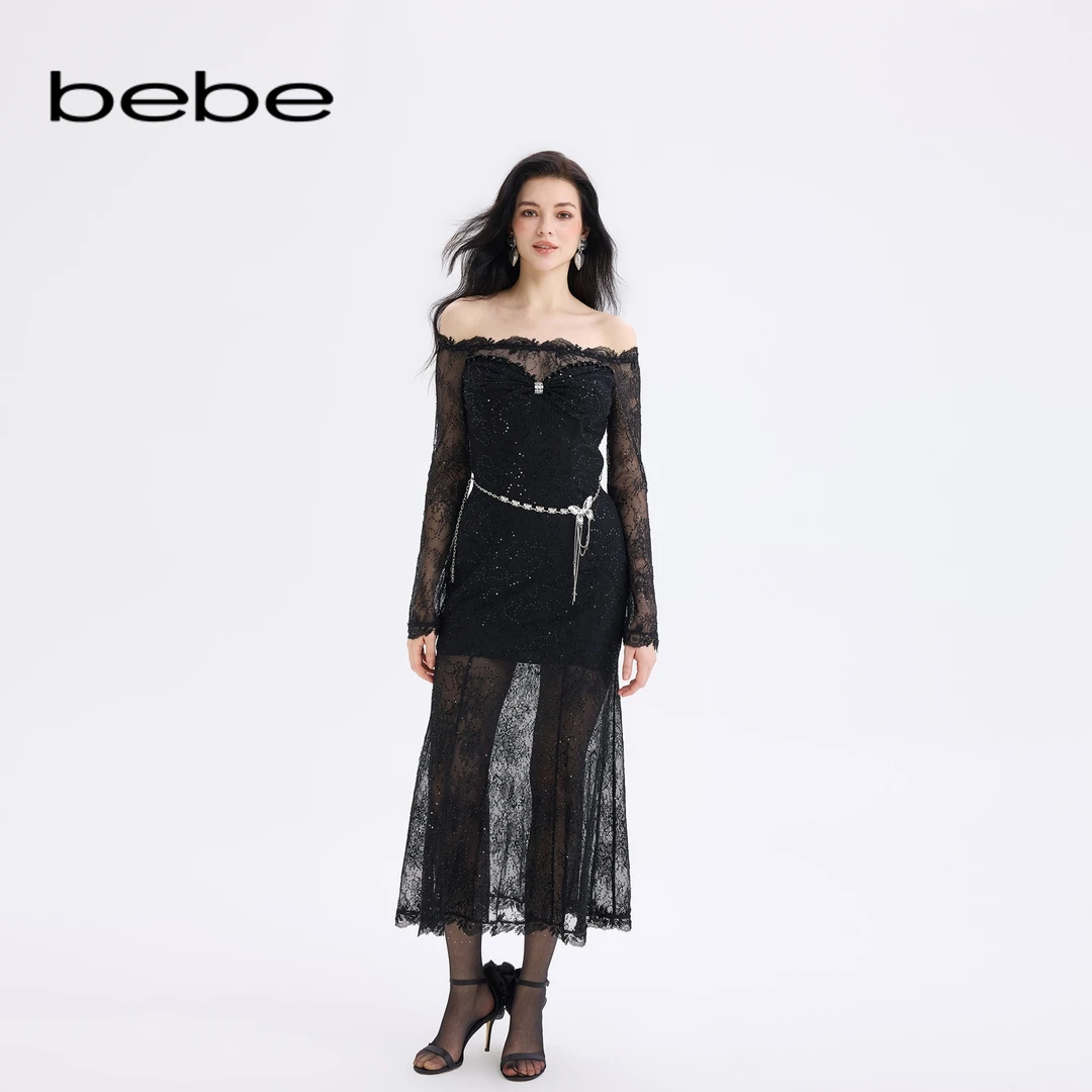 bebe2025秋冬新款女士气质风喇叭袖一字肩蕾丝鱼尾礼服裙451004