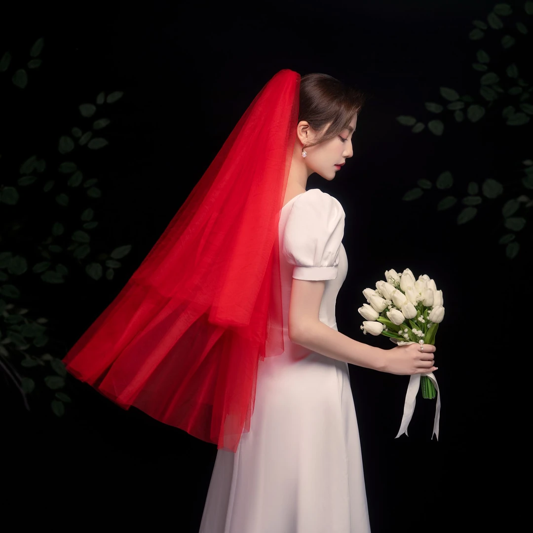 新款中式红色头纱女韩式旅拍结婚拍照森系头纱头纱拍照