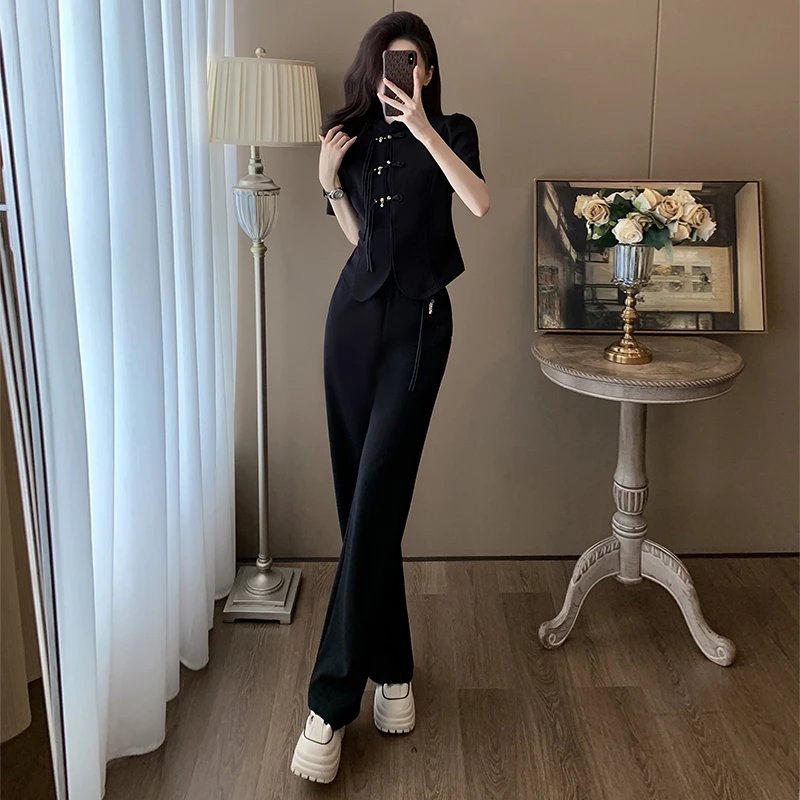 新中式运动服套装女夏季时尚盘扣短袖上衣气质高腰阔腿裤两件套潮