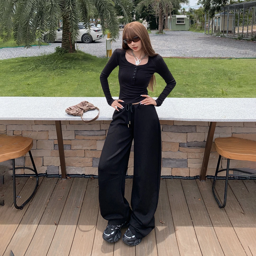 衣裤生活馆&美式复古修身上衣宽松阔腿裤女腰弯刀裤垂感抽绳休闲