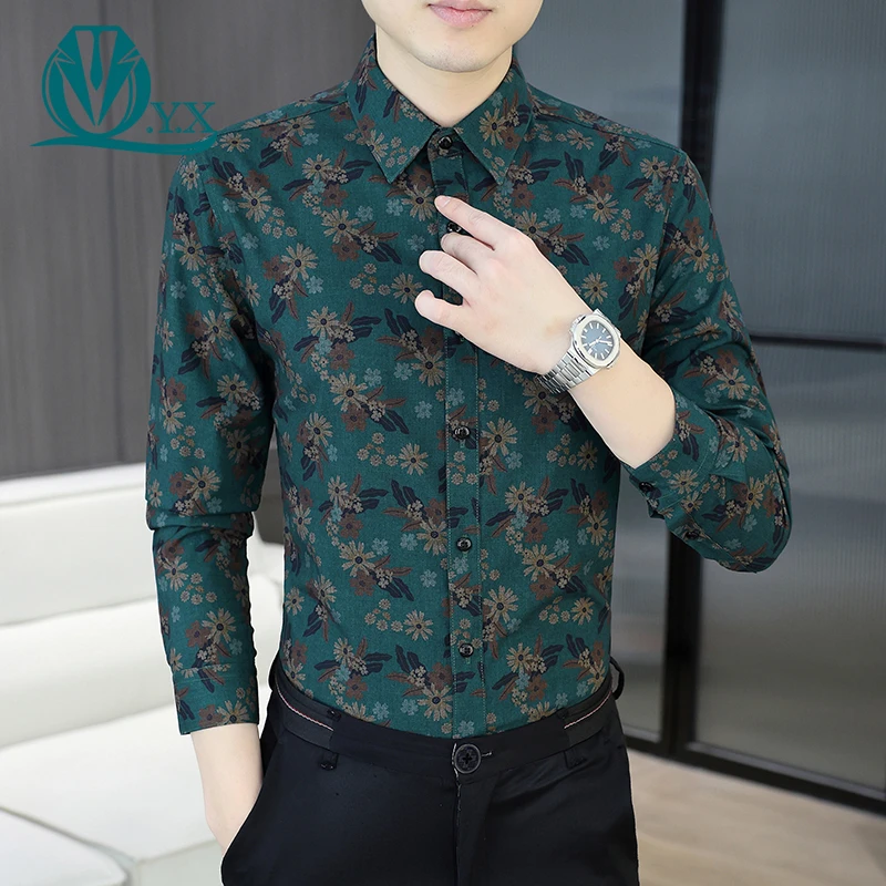秋季男士高档长袖印花衬衫潮流时尚痞帅休闲花衬衣男韩版微弹寸衫