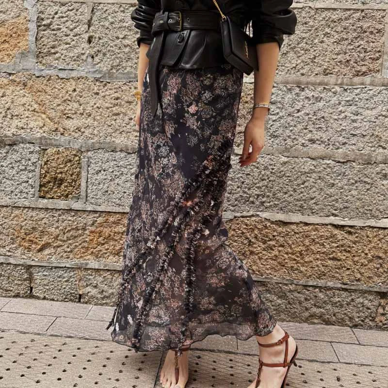 【栖谷】乔其纱复古印花木耳边半身裙春夏爆款甜美时尚百搭包臀裙子