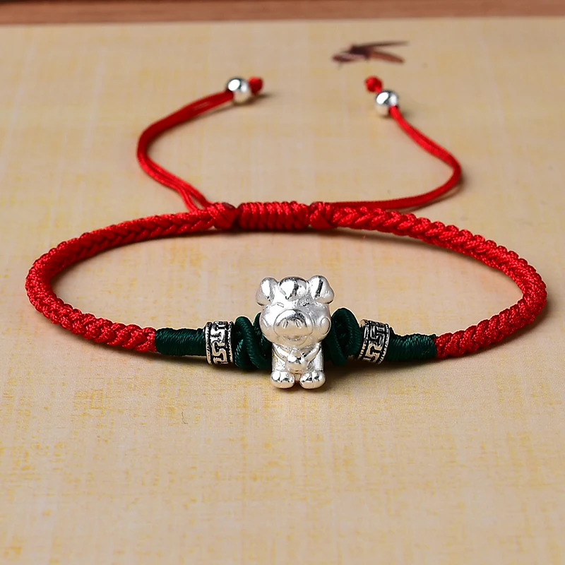 足银布艺手链 99足银生肖蛇本命年红手链男女双钱结平安健康礼物