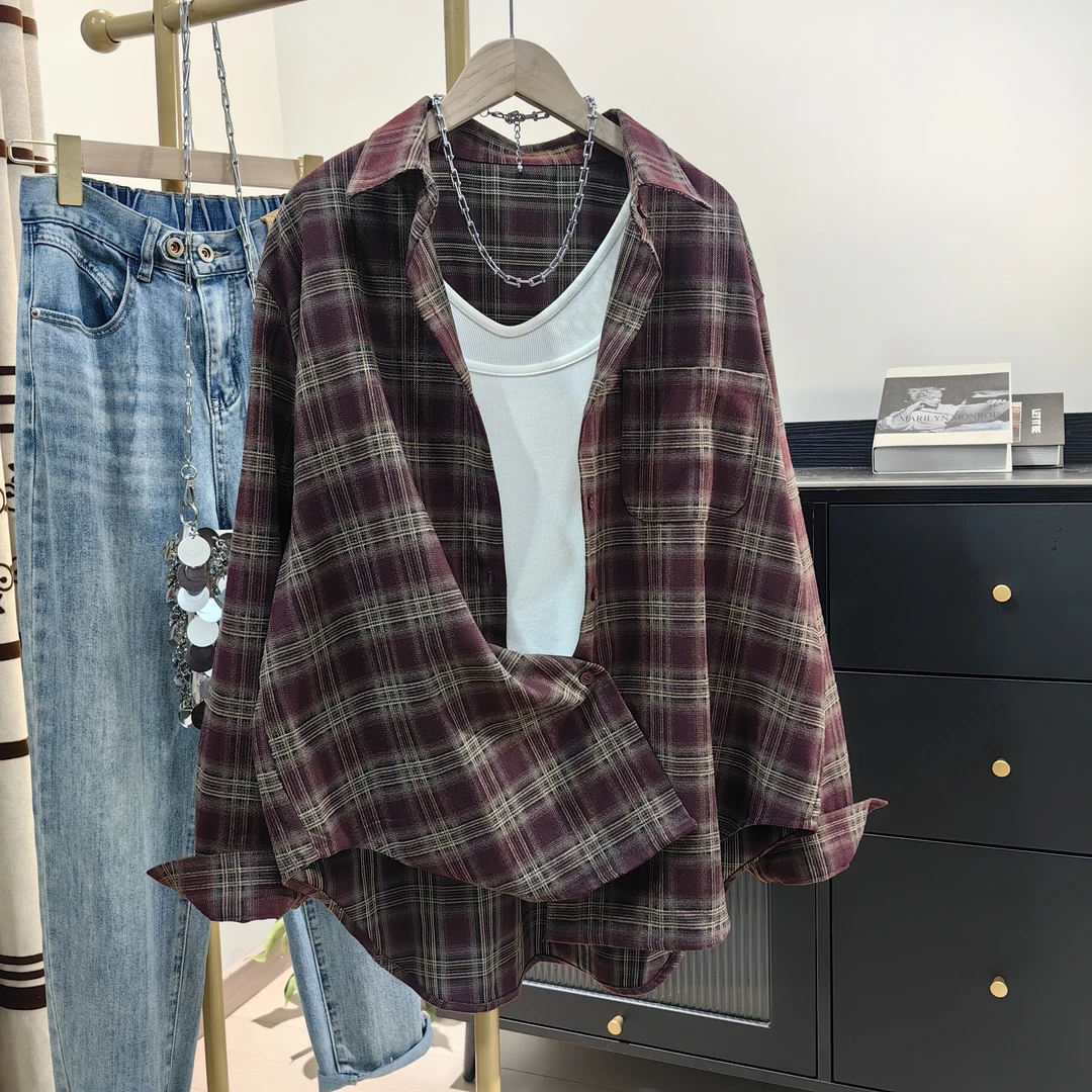 安哥拉红格子衬衫女长袖春季新款韩版休闲慵懒风复古叠穿上衣外套