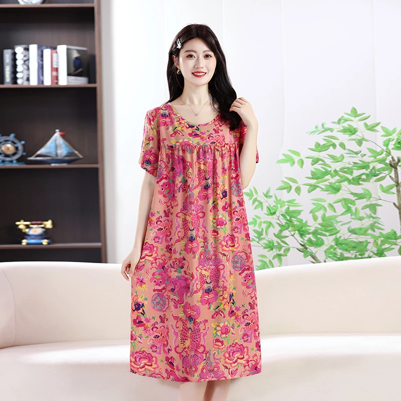 短袖新款睡裙夏季中长款棉绸睡衣女休闲百搭可外穿加大棉绸睡裙