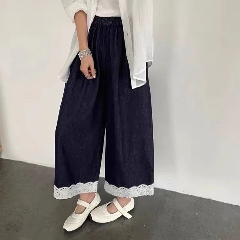 2025秋松紧腰蕾丝花边拼接直筒牛仔裤女新款宽松显瘦阔腿裤 896