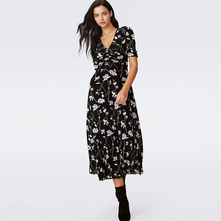 法式优雅纹样印花连衣裙气质茶歇裙长款印花设计显瘦两面穿时尚