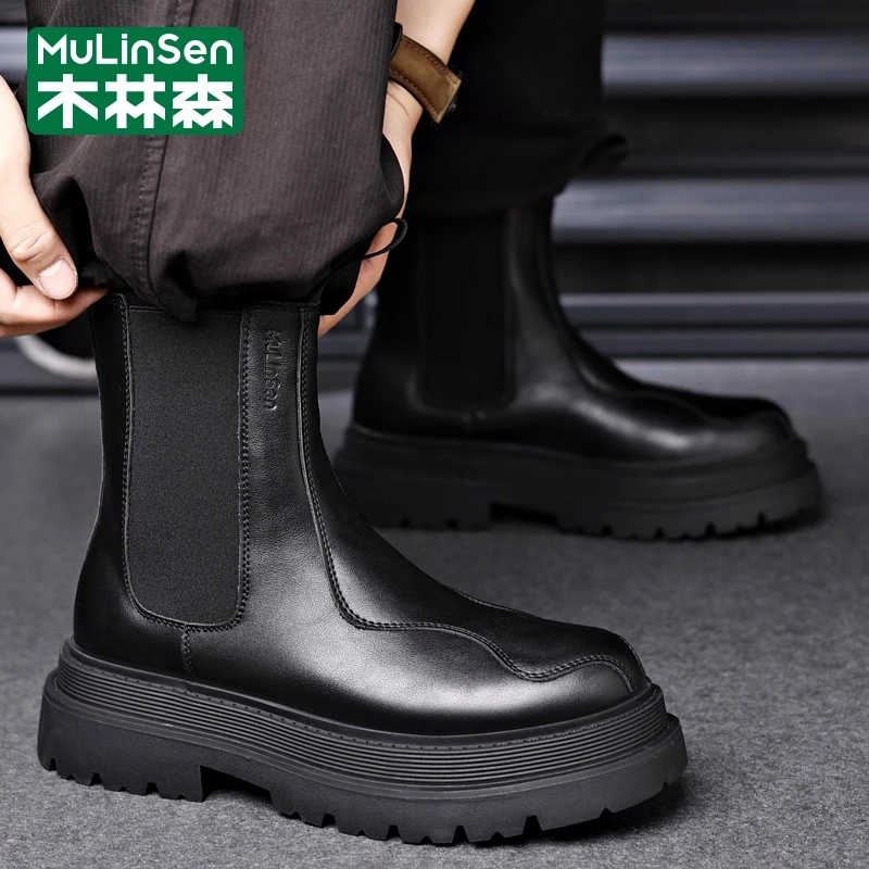 木林森切尔西靴男长筒秋季机车烟筒软皮侧拉链一脚蹬高帮马丁靴潮