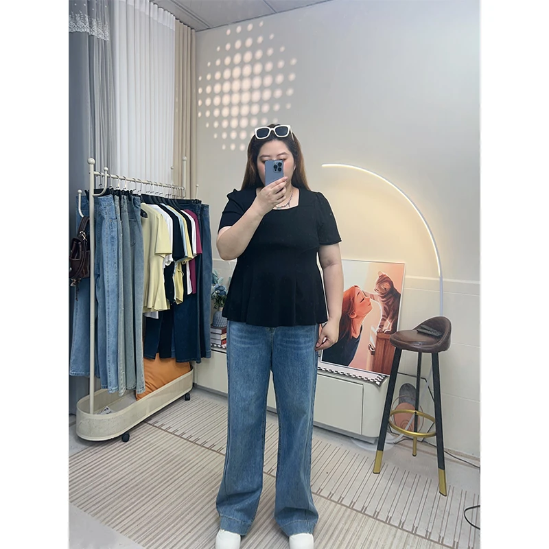 【110-200斤】夏季阔腿裤牛仔裤女复古高弹胖mm高腰显瘦直筒宽松裤