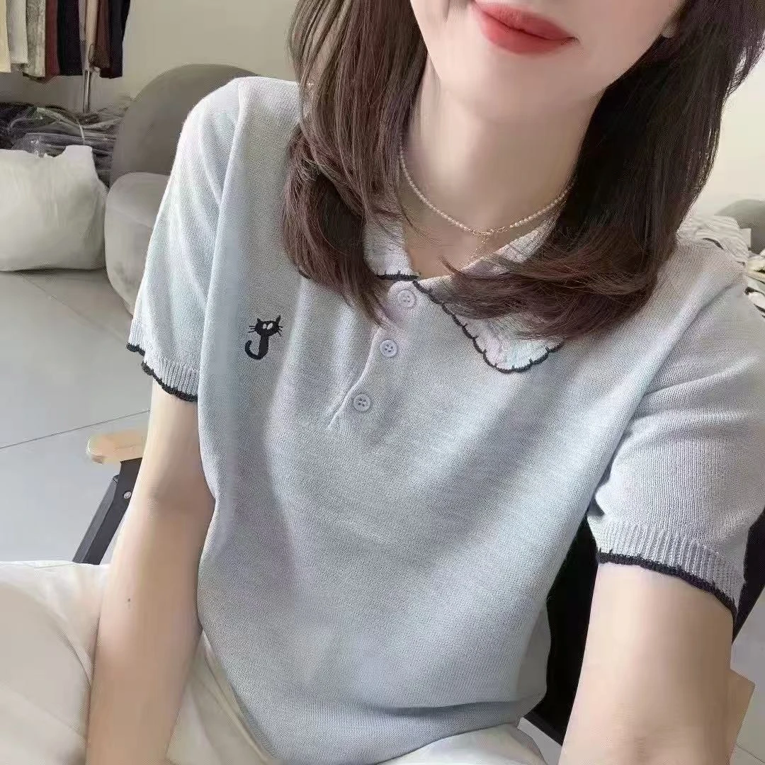 2025夏季猫咪刺绣冰丝翻领针织上衣短袖T恤