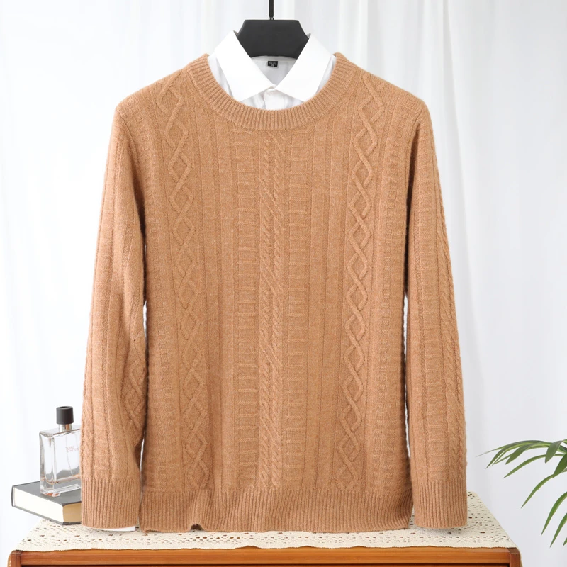【不议价】100%山羊绒男士双股加厚款圆领扭花针织长袖羊绒套衫