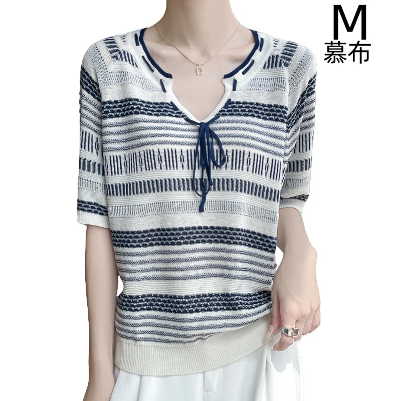 MUBU/慕布慕布新款春夏针织天丝亚麻女抽绳撞色条纹薄款短袖衫