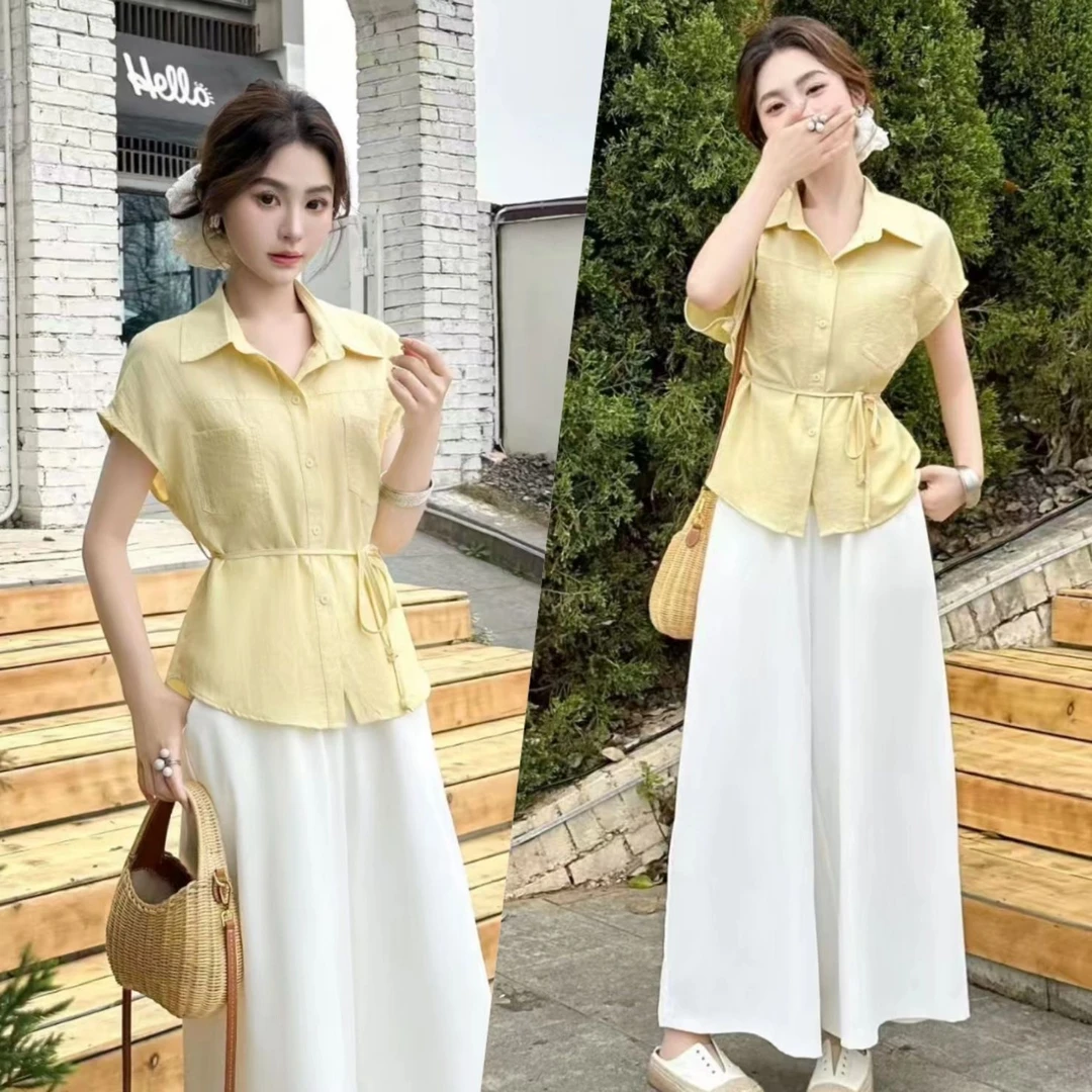 2025夏季新款韩版时尚气质百搭显瘦短袖衬衫+高腰阔腿裤两件套女