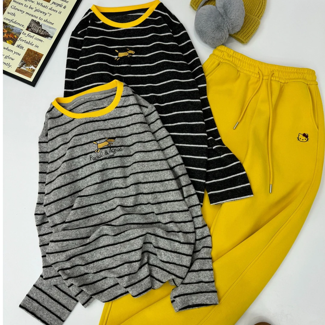 娜姐家-韩系刺绣小狗，条纹长袖时尚百搭打底衫