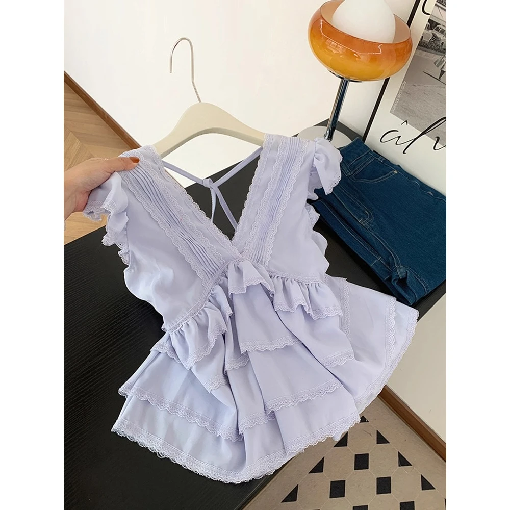 上身绝美！蕾丝拼接荷叶边飞飞袖衬衫夏季性感V领绑带压褶小衫上衣