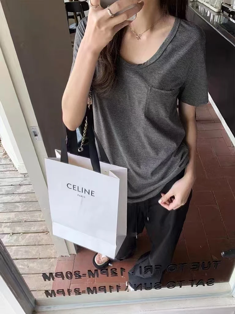 02270 张十柒服饰感宽松口袋套头百搭纯色短袖T恤