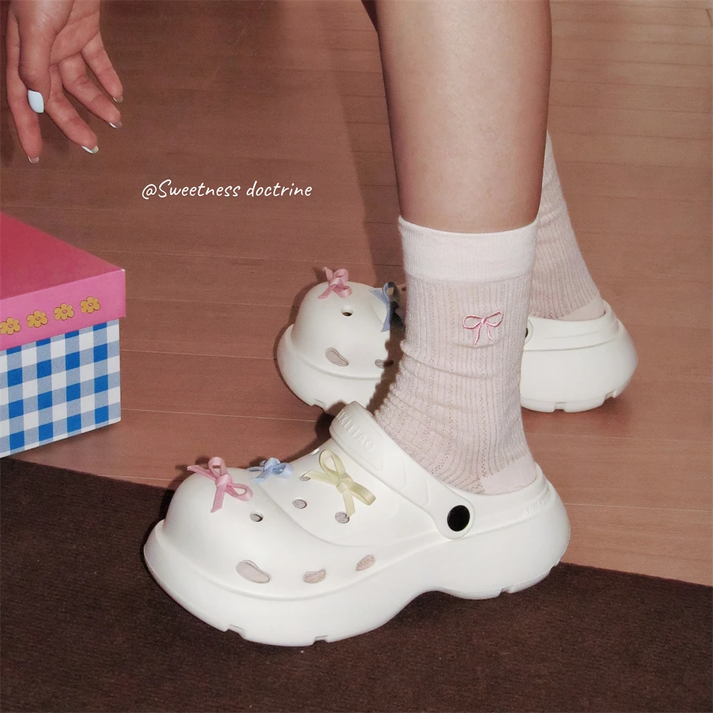 细细条 休闲百搭ins沙滩厚底凉拖女外穿时尚甜美蝴蝶结包头洞洞鞋